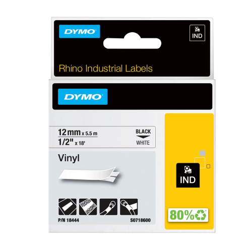 DYMO D1 RHINOPRO NASTRO IN VINILE 12MM X 5.5MT COLORE BIANCO STAMPA NERO (18444)